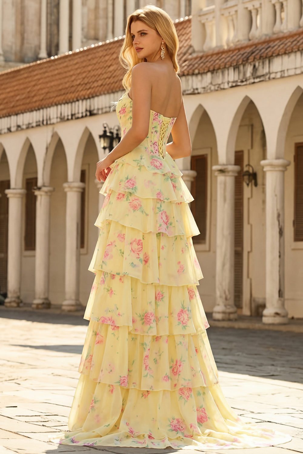 Pink Floral Strapless Tiered Corset Prom Dress With Slit