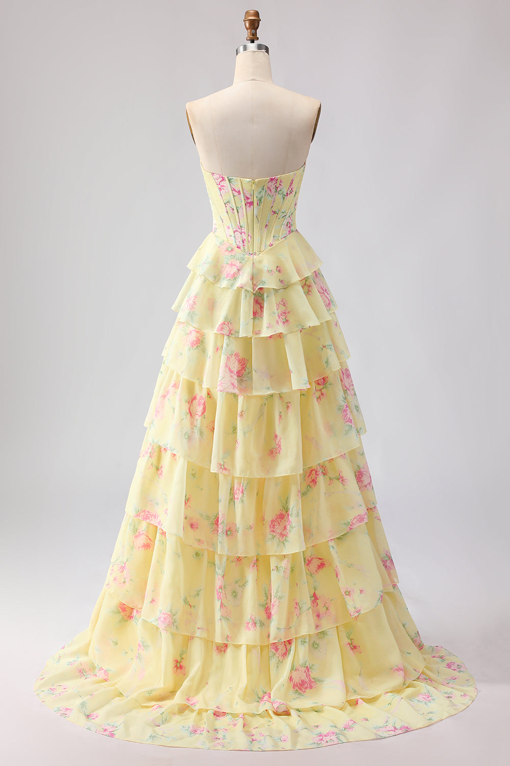 Pink Floral Strapless Tiered Corset Prom Dress With Slit