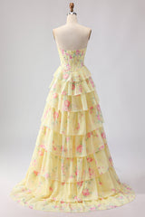 Yellow Floral Tiered Strapless Corset Prom Dress