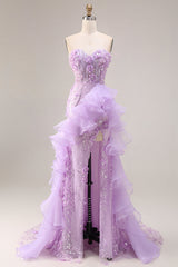 Sparkly Lilac Strapless Corset Prom Dress with Ruffles