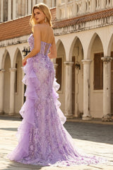 Sparkly Lilac Strapless Mermaid Corset Prom Dress with Ruffles