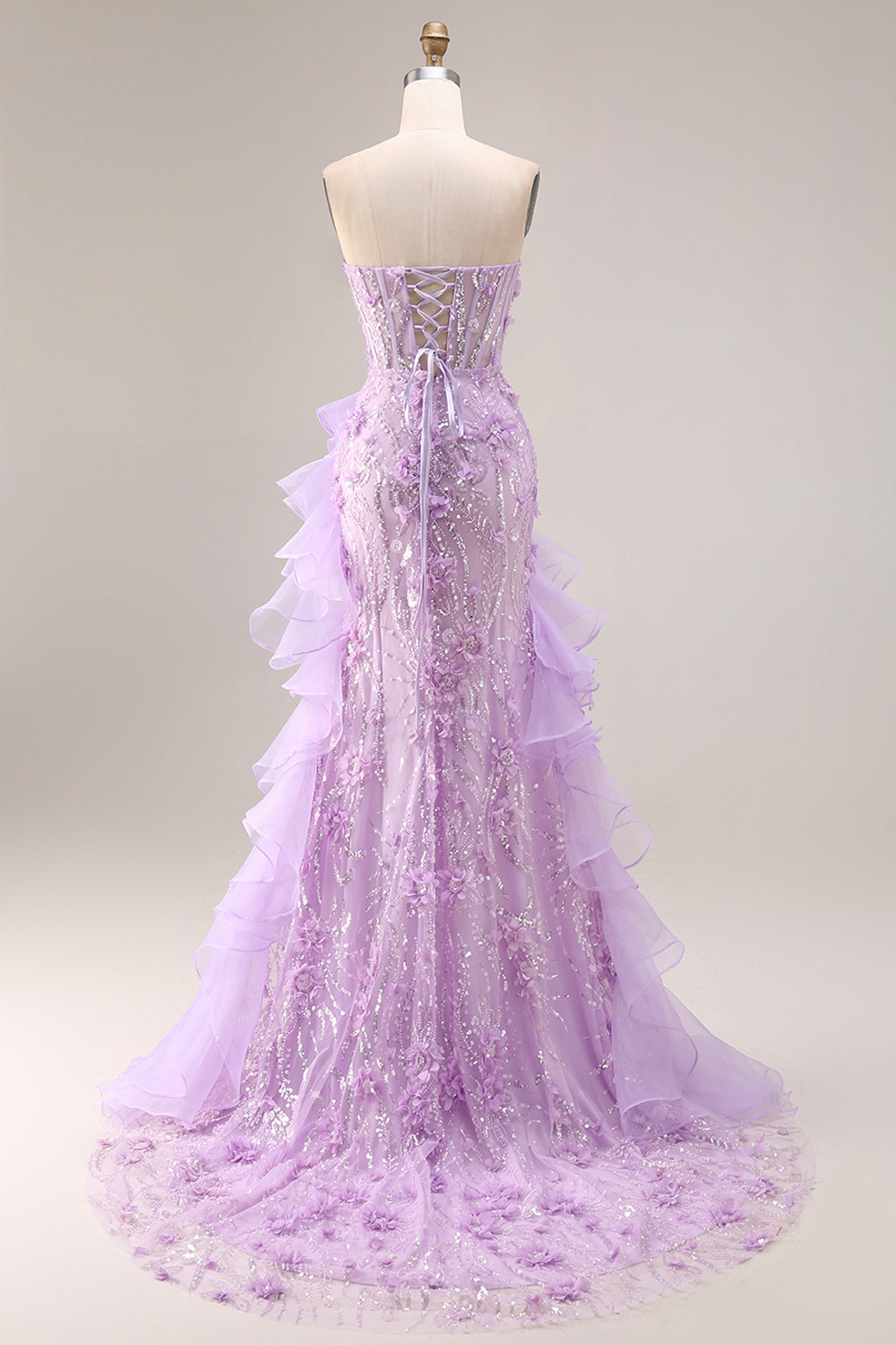 Sparkly Lilac Strapless Corset Prom Dress with Ruffles