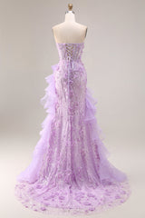 Sparkly Lilac Strapless Mermaid Corset Prom Dress with Ruffles