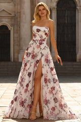 Strapless Corset A Line White Red Floral Sequin Prom Dress