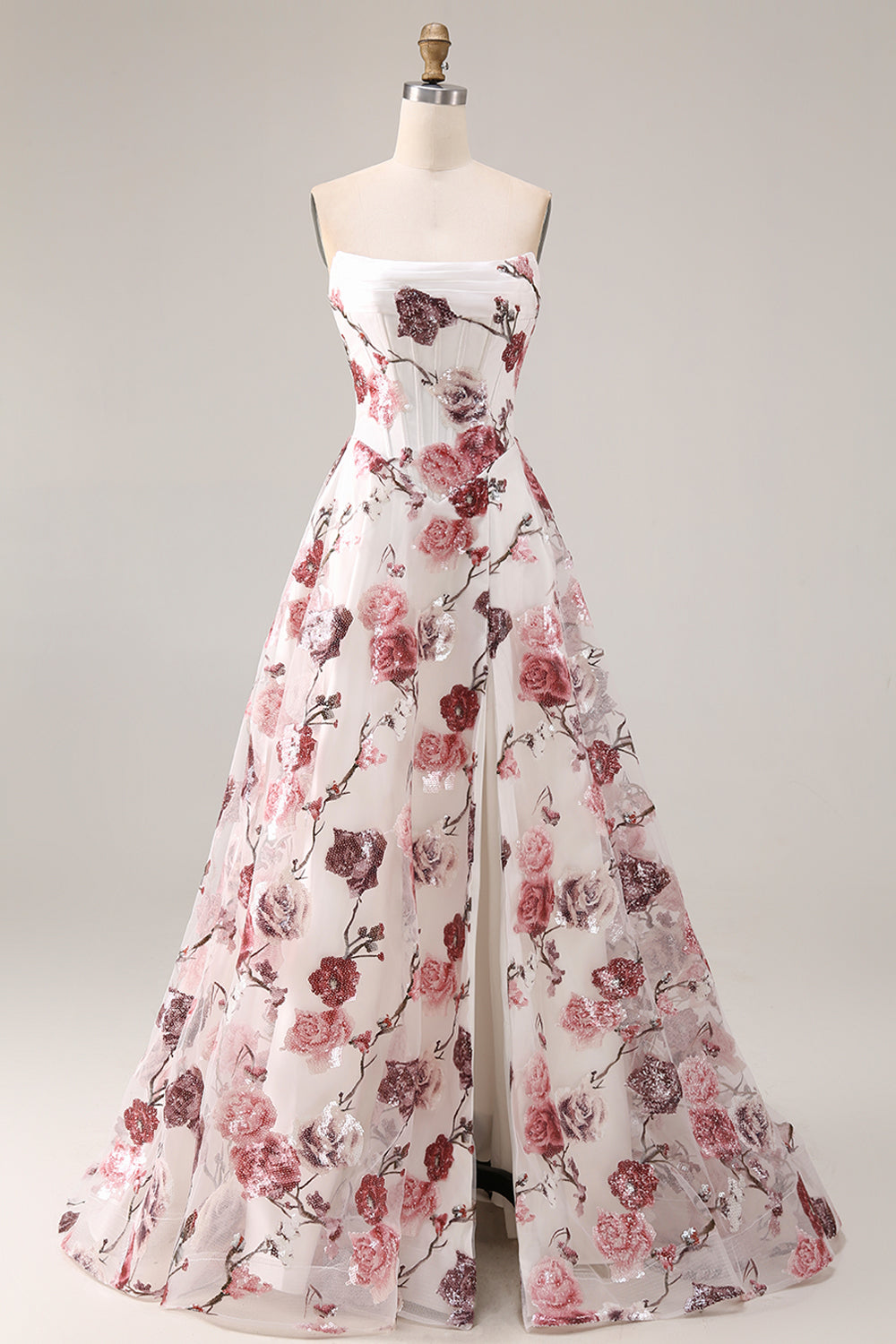 Strapless White Red Floral Corset Sequin A Line Prom Dress