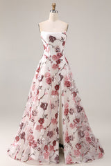 Strapless Corset A Line White Red Floral Sequin Prom Dress