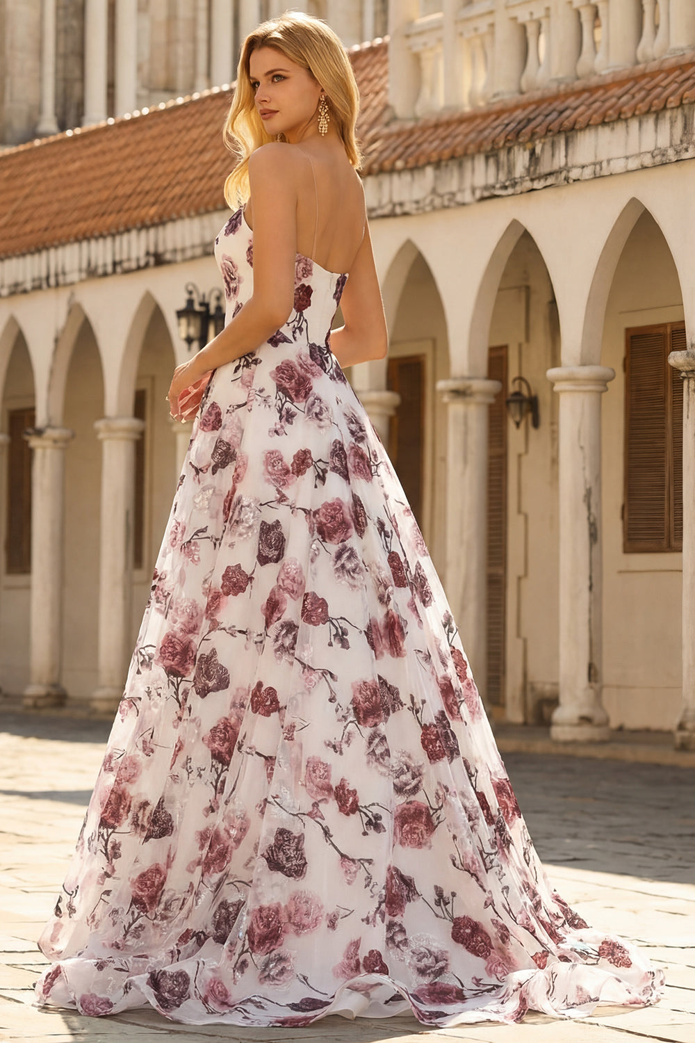Strapless White Red Floral Corset Sequin A Line Prom Dress