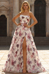 Strapless White Red Floral Corset Sequin A Line Prom Dress