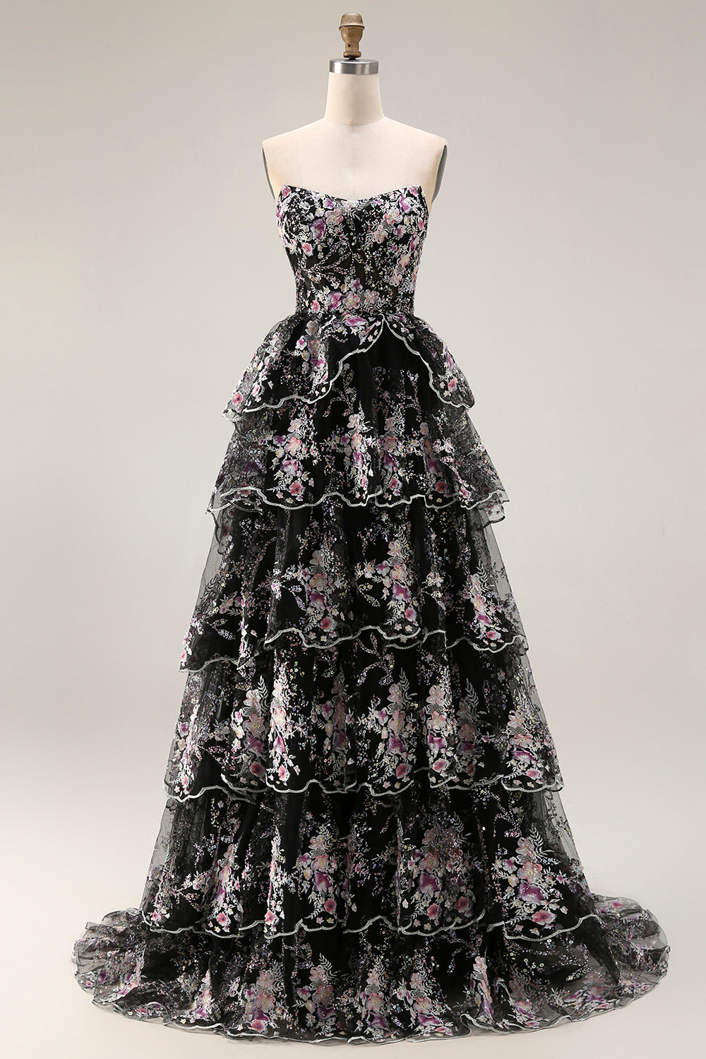 Sparkly Tiered Black Pink Floral Strapless Corset Prom Dress