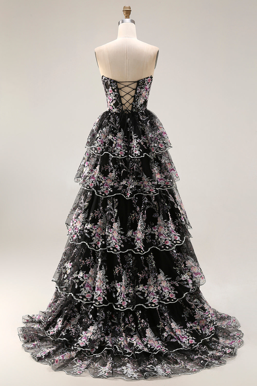 Sparkly White Pink Floral Strapless Tiered Appliqued Prom Dress