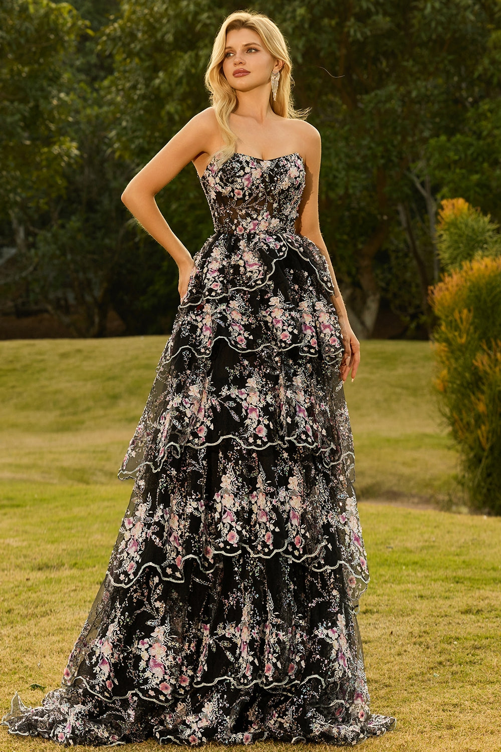 Sparkly Tiered Black Pink Floral Strapless Corset Prom Dress