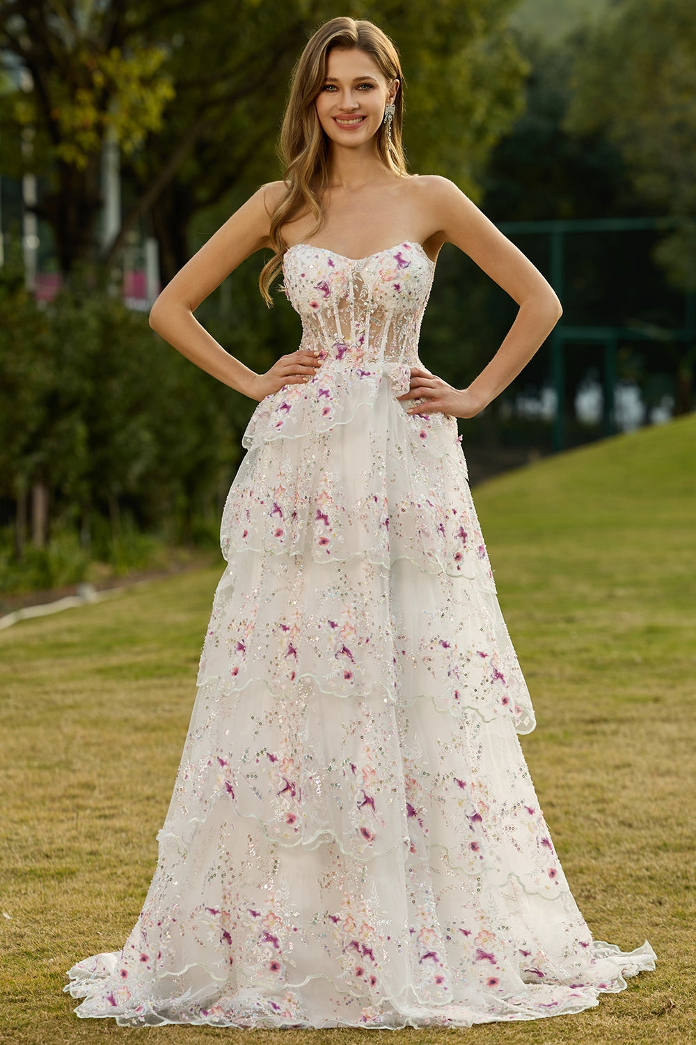 Sparkly Tiered Black Pink Floral Strapless Corset Prom Dress