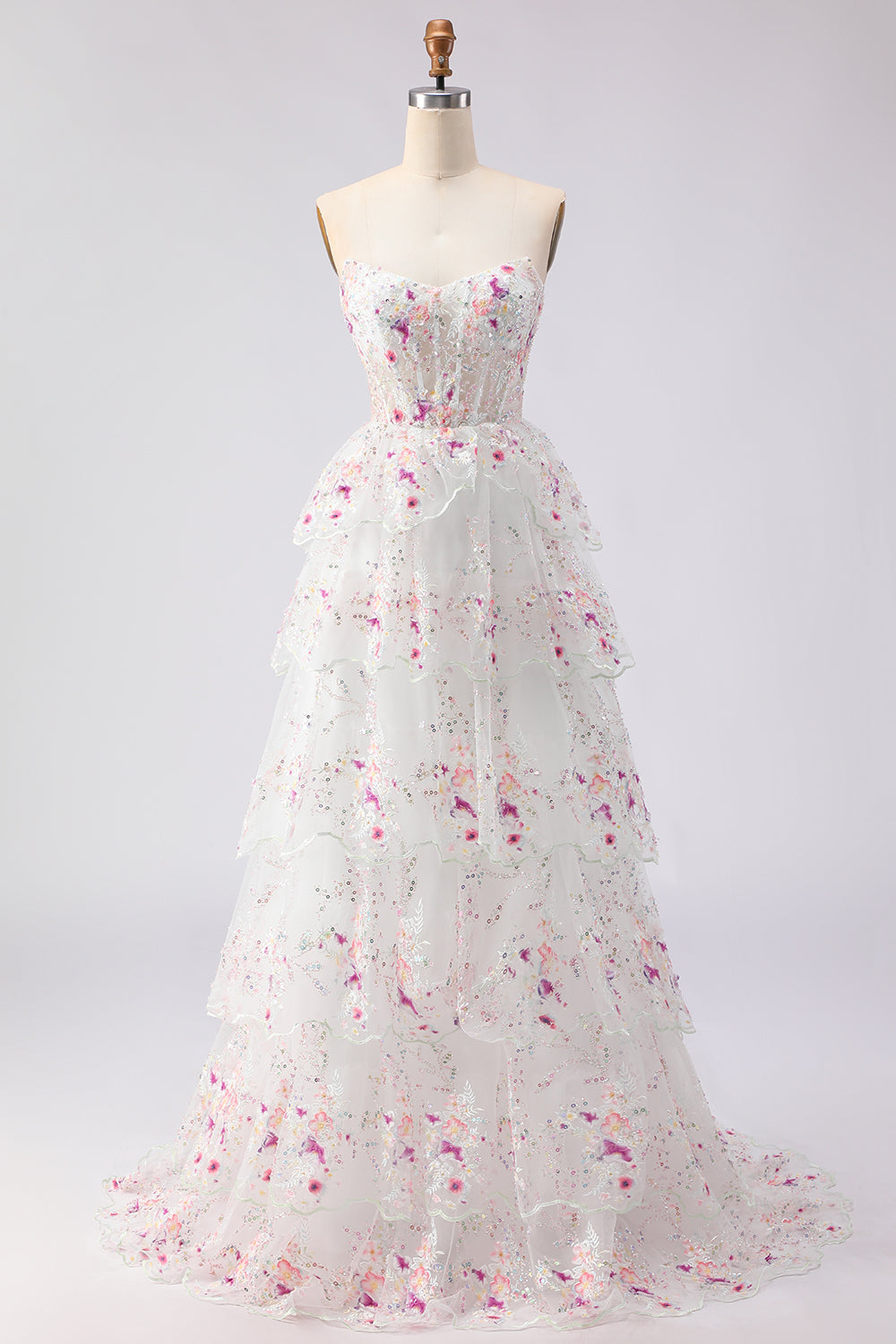 Sparkly Tiered Black Pink Floral Strapless Corset Prom Dress