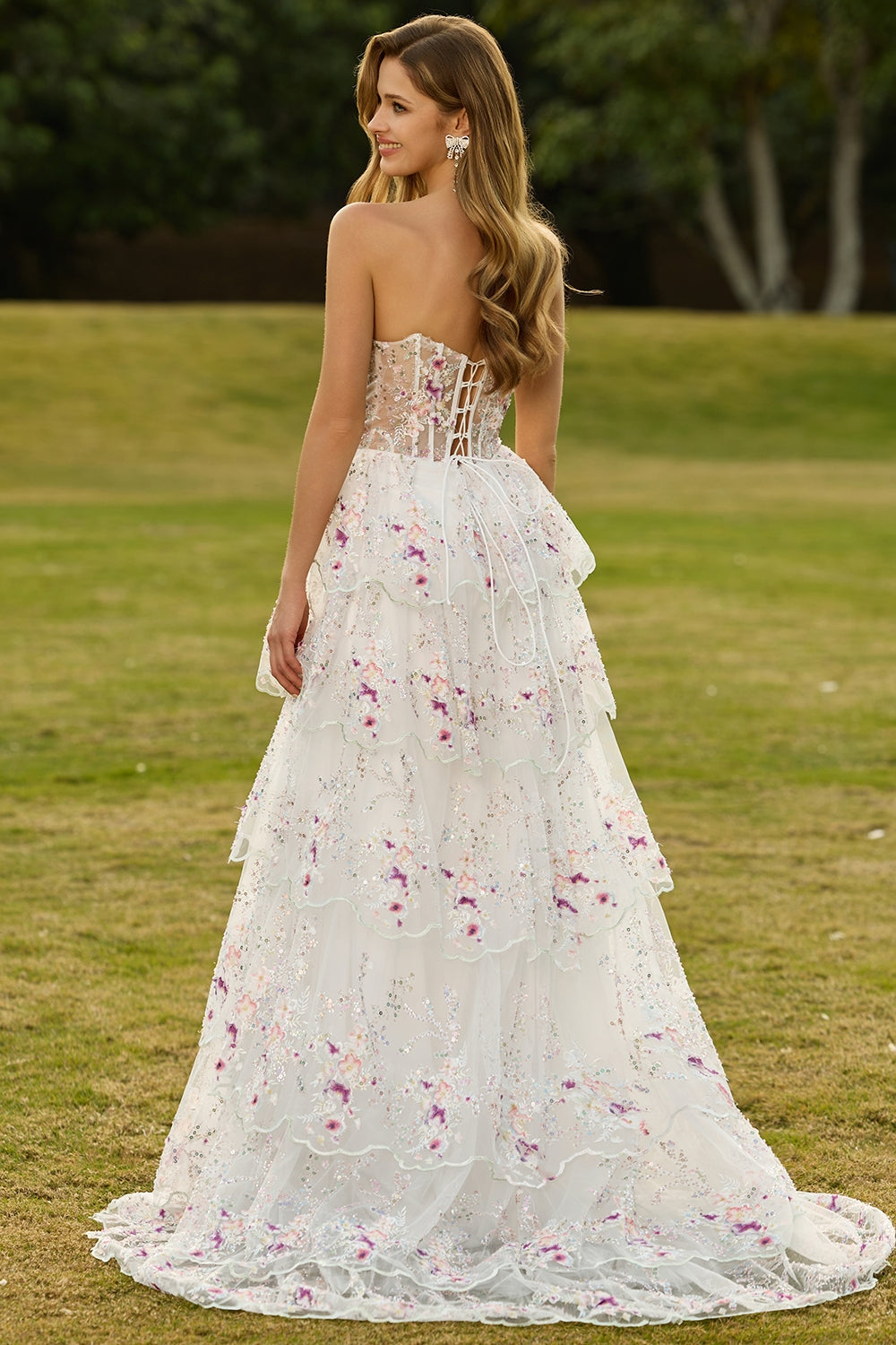 Sparkly White Pink Floral Strapless Tiered Appliqued Prom Dress