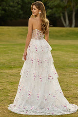 Sparkly White Pink Floral Strapless Tiered Appliqued Prom Dress