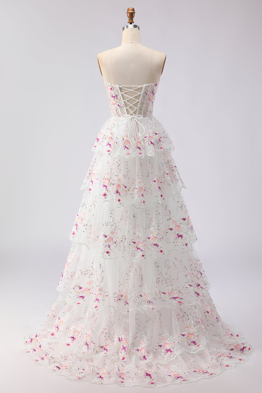 Sparkly Tiered Black Pink Floral Strapless Corset Prom Dress