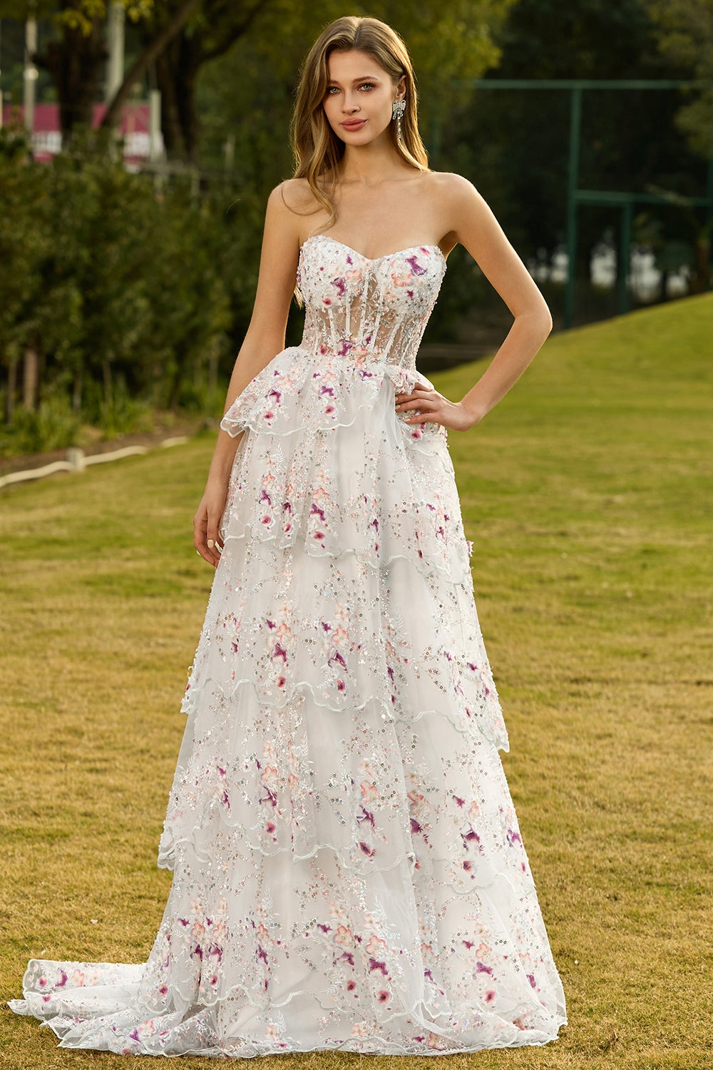 Sparkly Tiered Black Pink Floral Strapless Corset Prom Dress