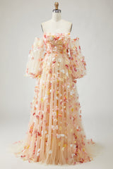 Strapless Floral Champagne A-Line Maxi Prom Dress