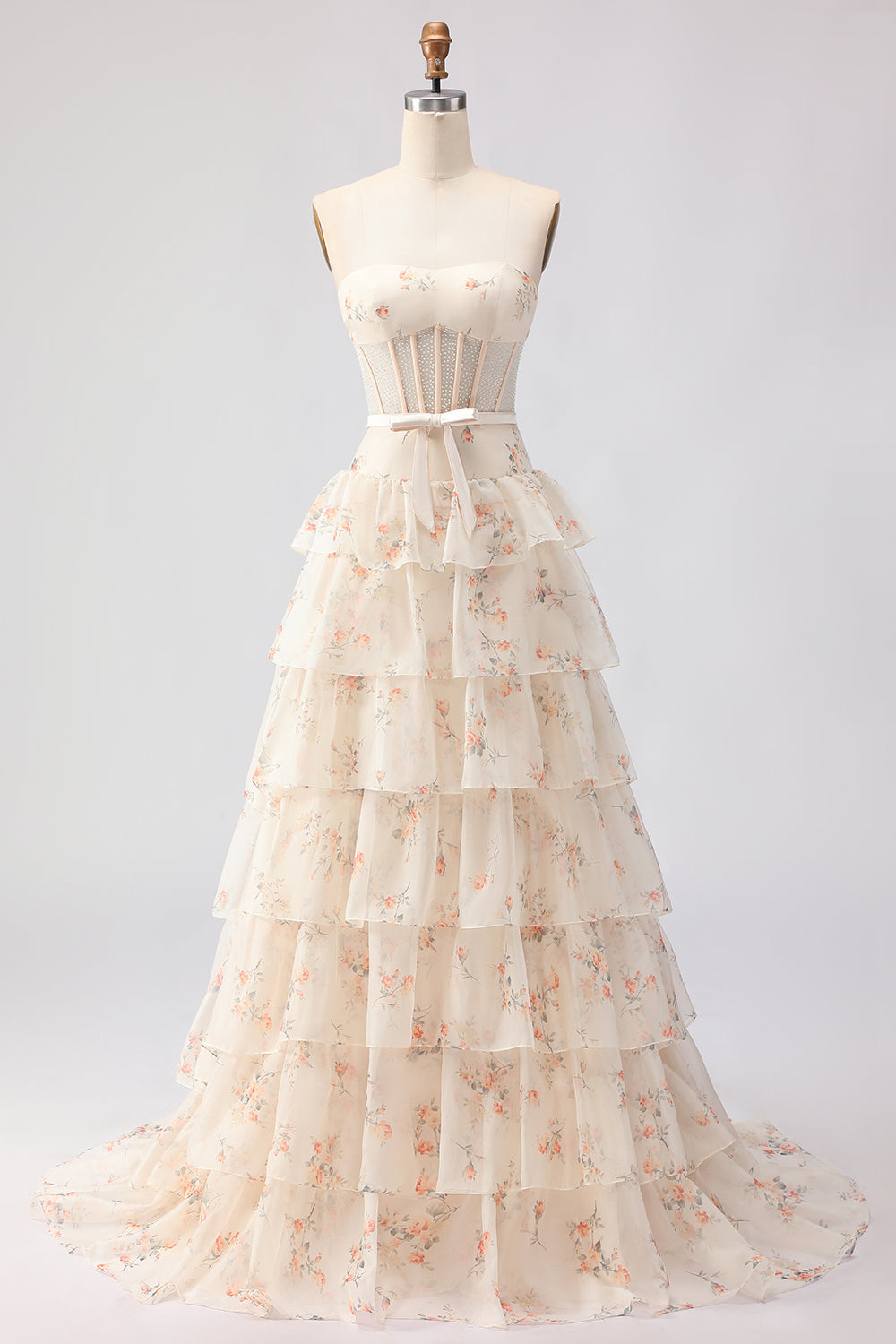 Yellow Blue Floral Strapless Corset Tiered Prom Dress
