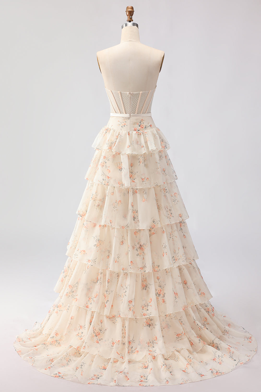 Strapless Pink Red Floral Corset Tiered Maxi Prom Dress