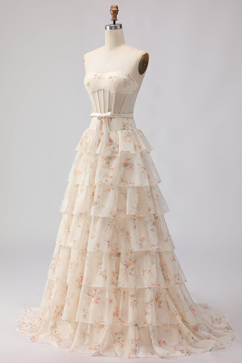 Yellow Blue Floral Strapless Corset Tiered Prom Dress