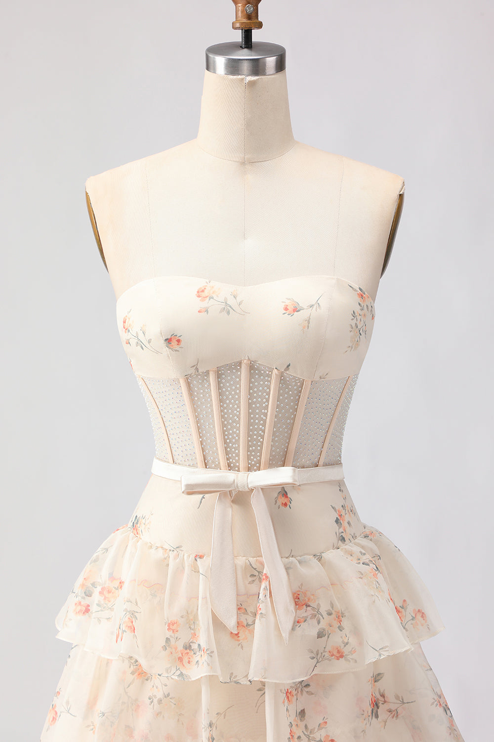 Strapless Pink Red Floral Corset Tiered Maxi Prom Dress
