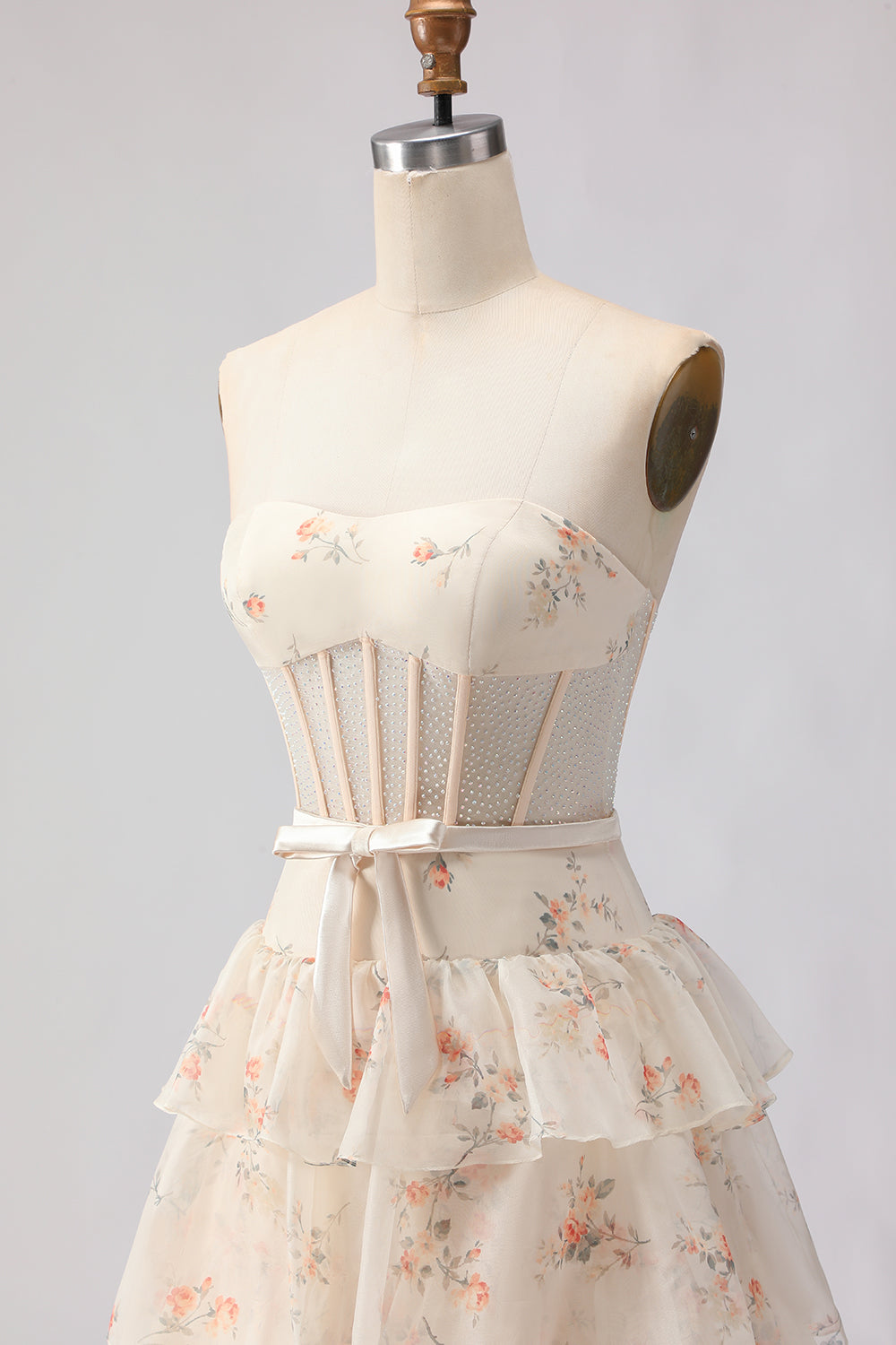 Strapless Pink Red Floral Corset Tiered Maxi Prom Dress