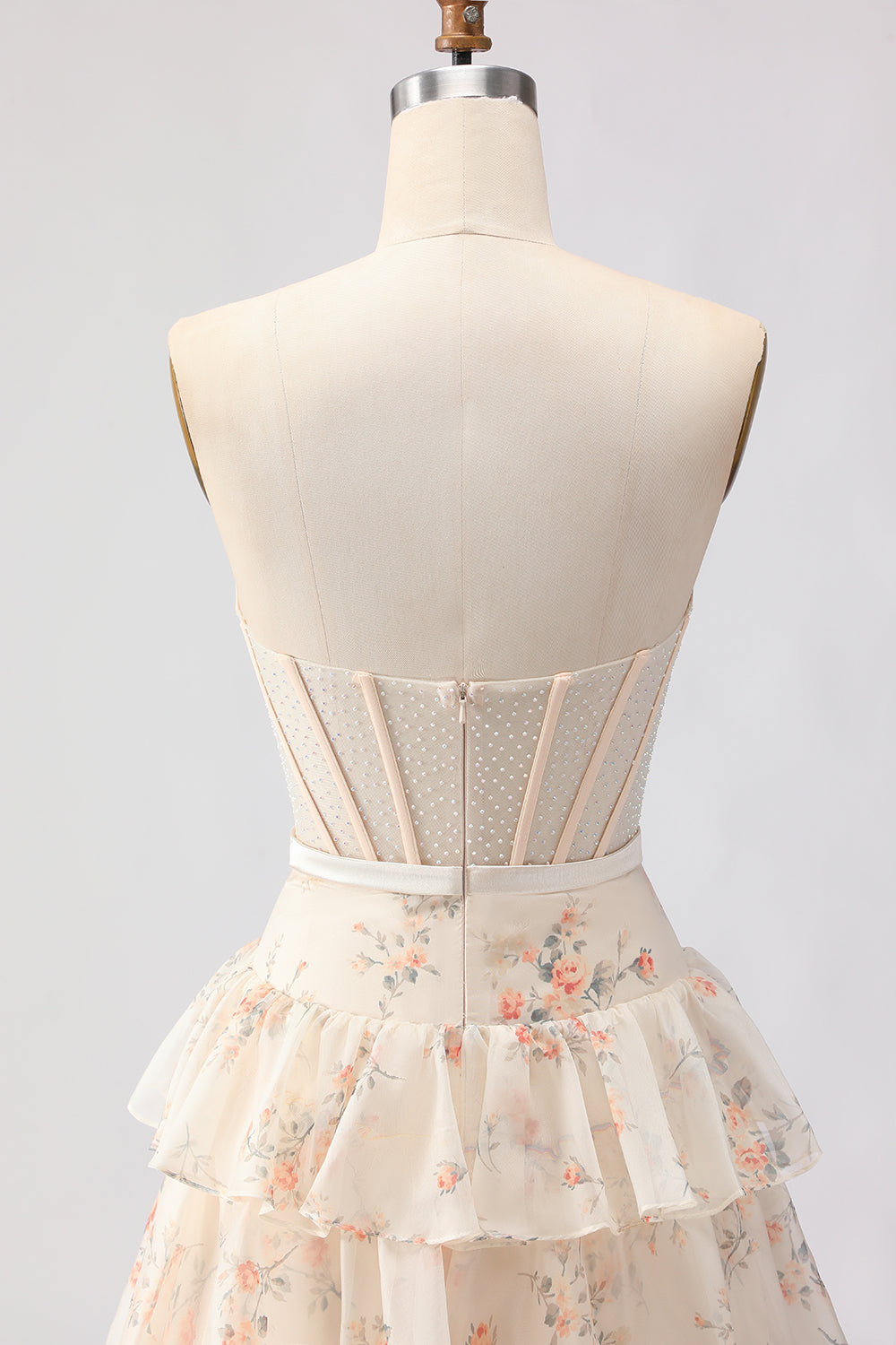 Yellow Blue Floral Strapless Corset Tiered Prom Dress