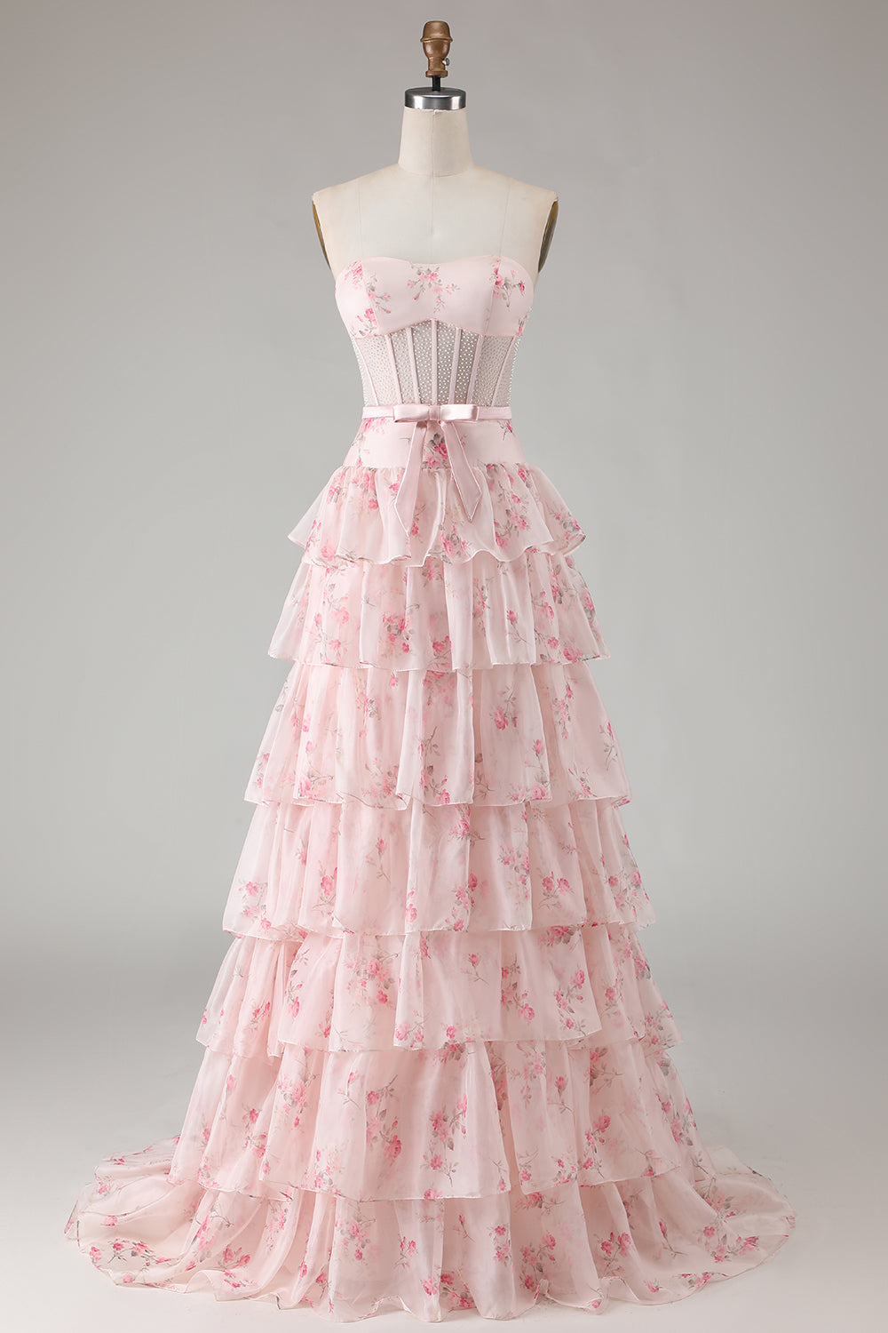 Yellow Blue Floral Strapless Corset Tiered Prom Dress