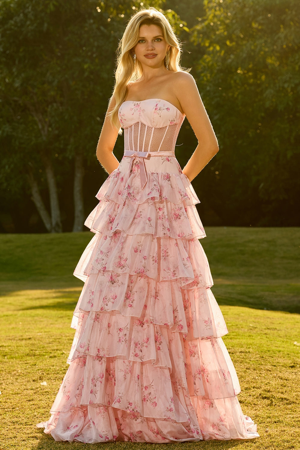 Strapless Pink Red Floral Corset Tiered Maxi Prom Dress