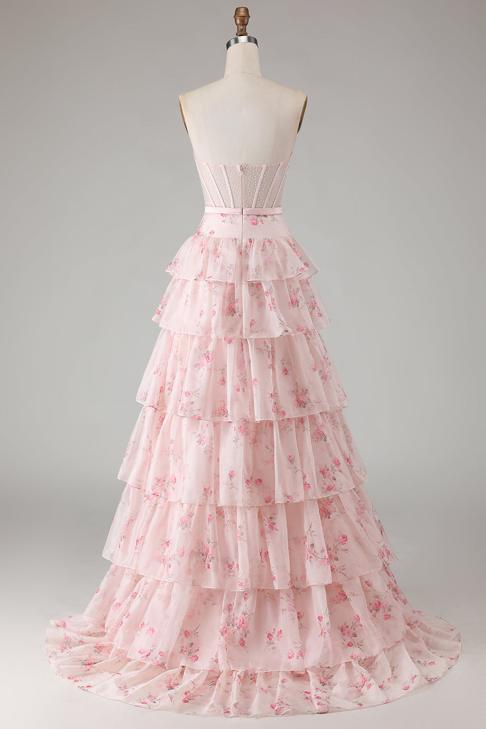 Strapless Pink Red Floral Corset Tiered Maxi Prom Dress