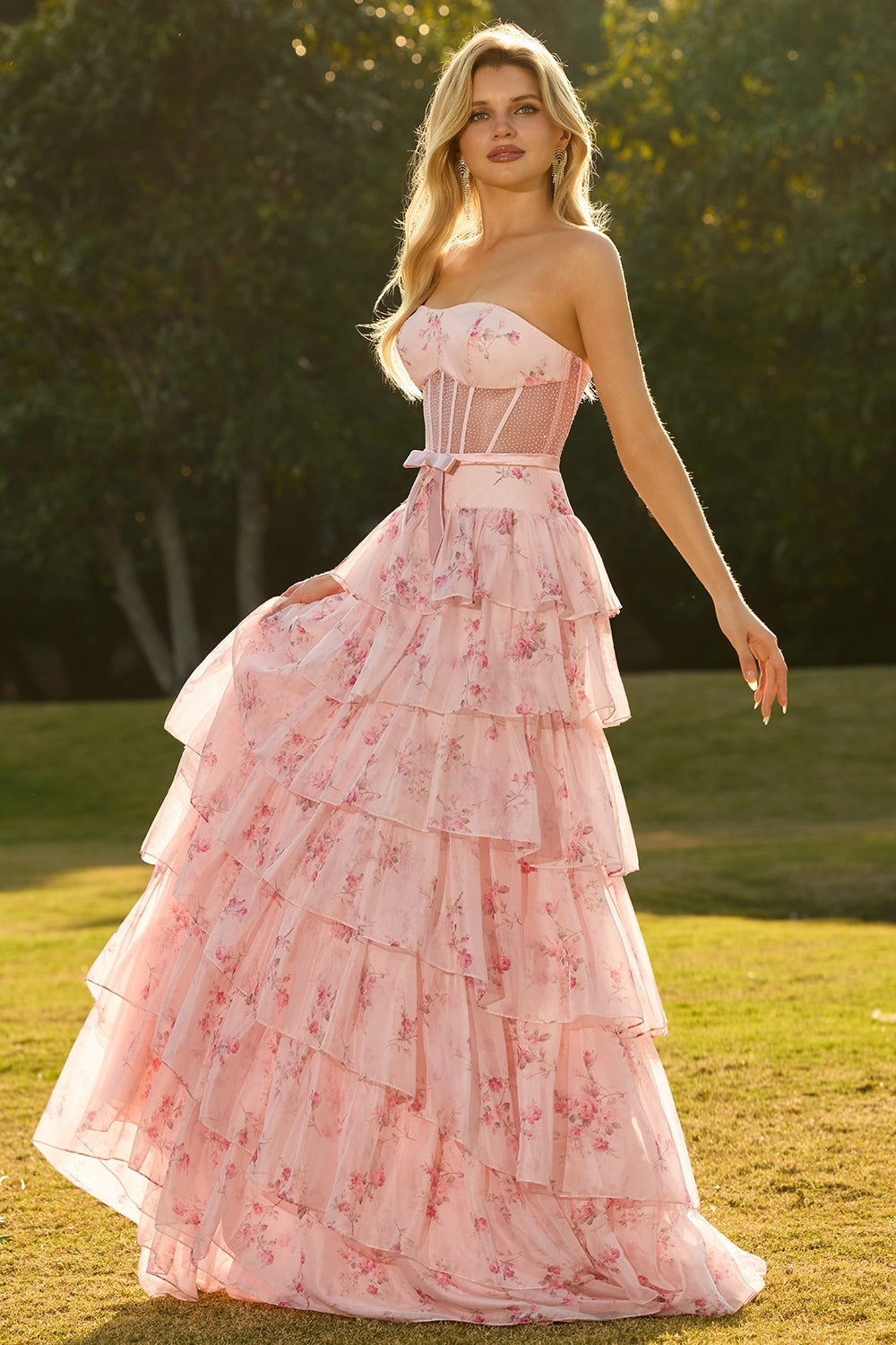 Yellow Blue Floral Strapless Corset Tiered Prom Dress