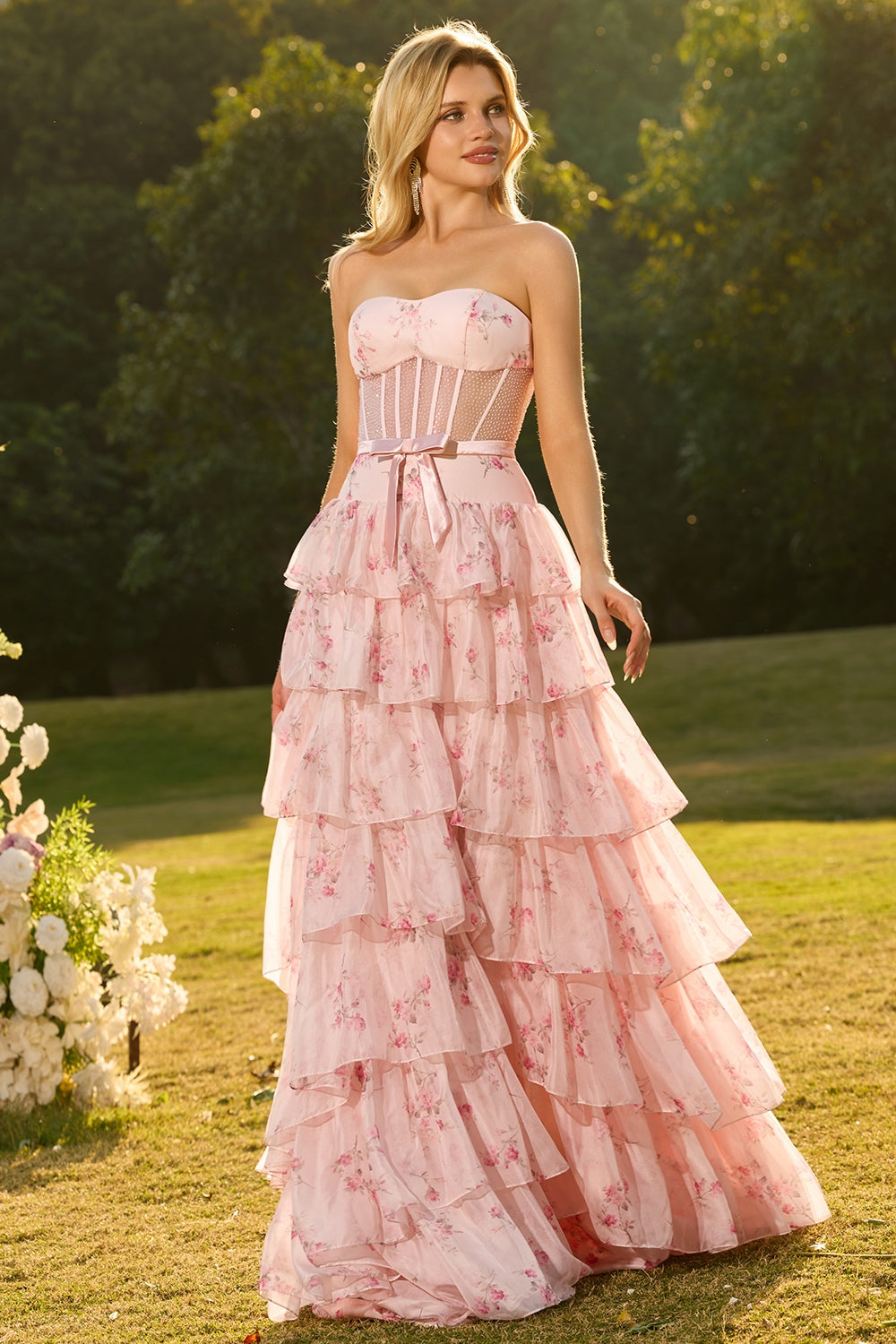 Strapless Pink Red Floral Corset Tiered Maxi Prom Dress