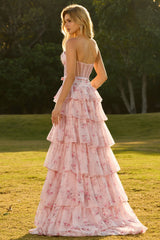 Strapless Pink Red Floral Corset Tiered Maxi Prom Dress