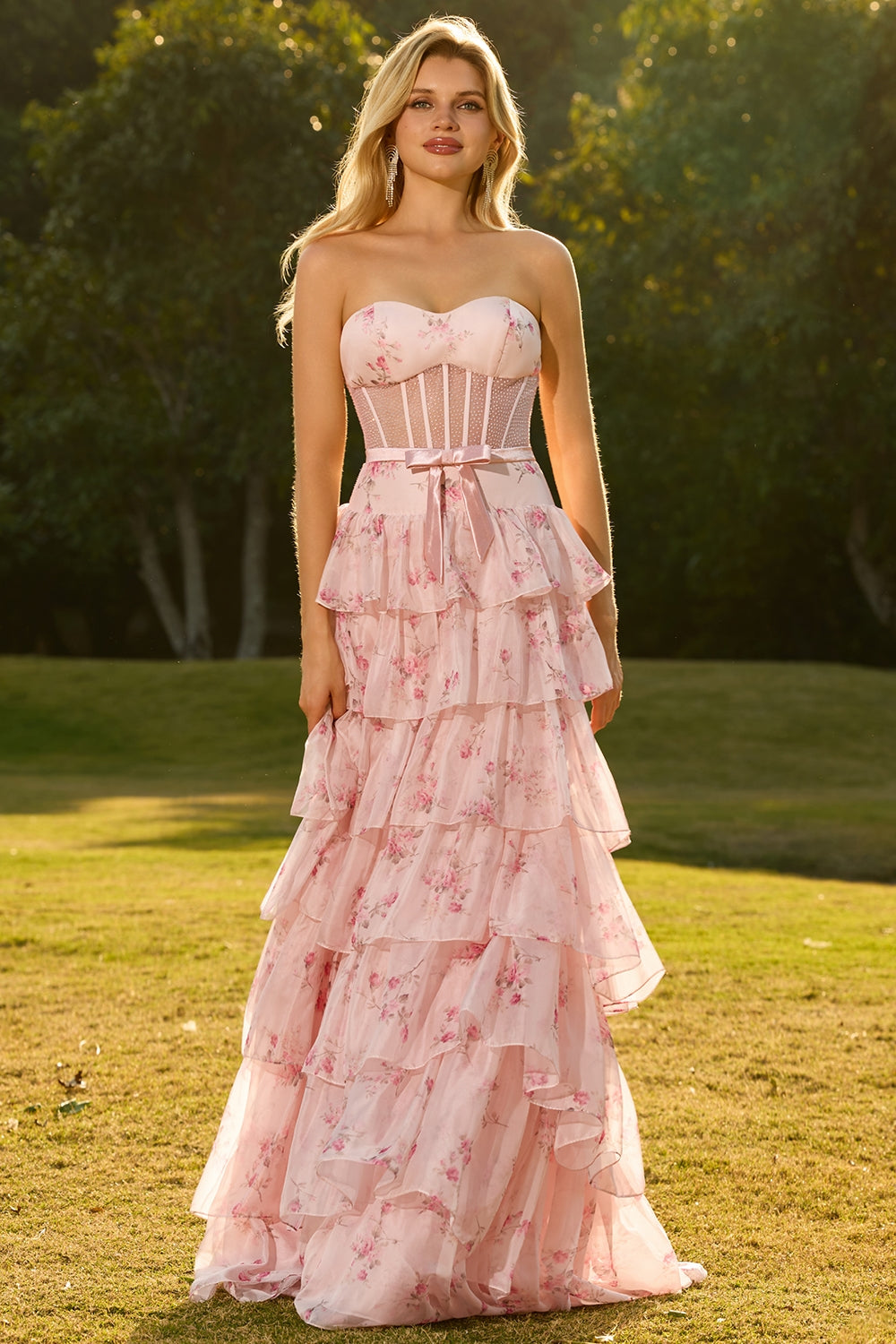 Yellow Blue Floral Strapless Corset Tiered Prom Dress