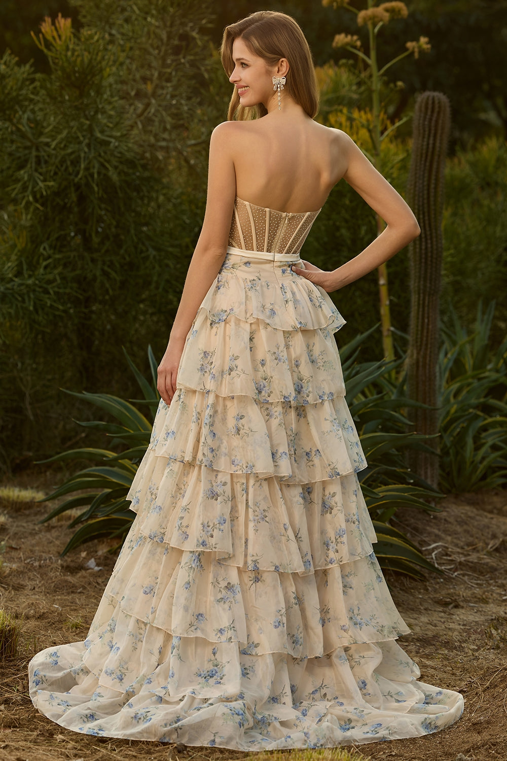 Yellow Blue Floral Strapless Corset Tiered Prom Dress