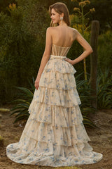 Yellow Blue Floral Strapless Corset Tiered Prom Dress