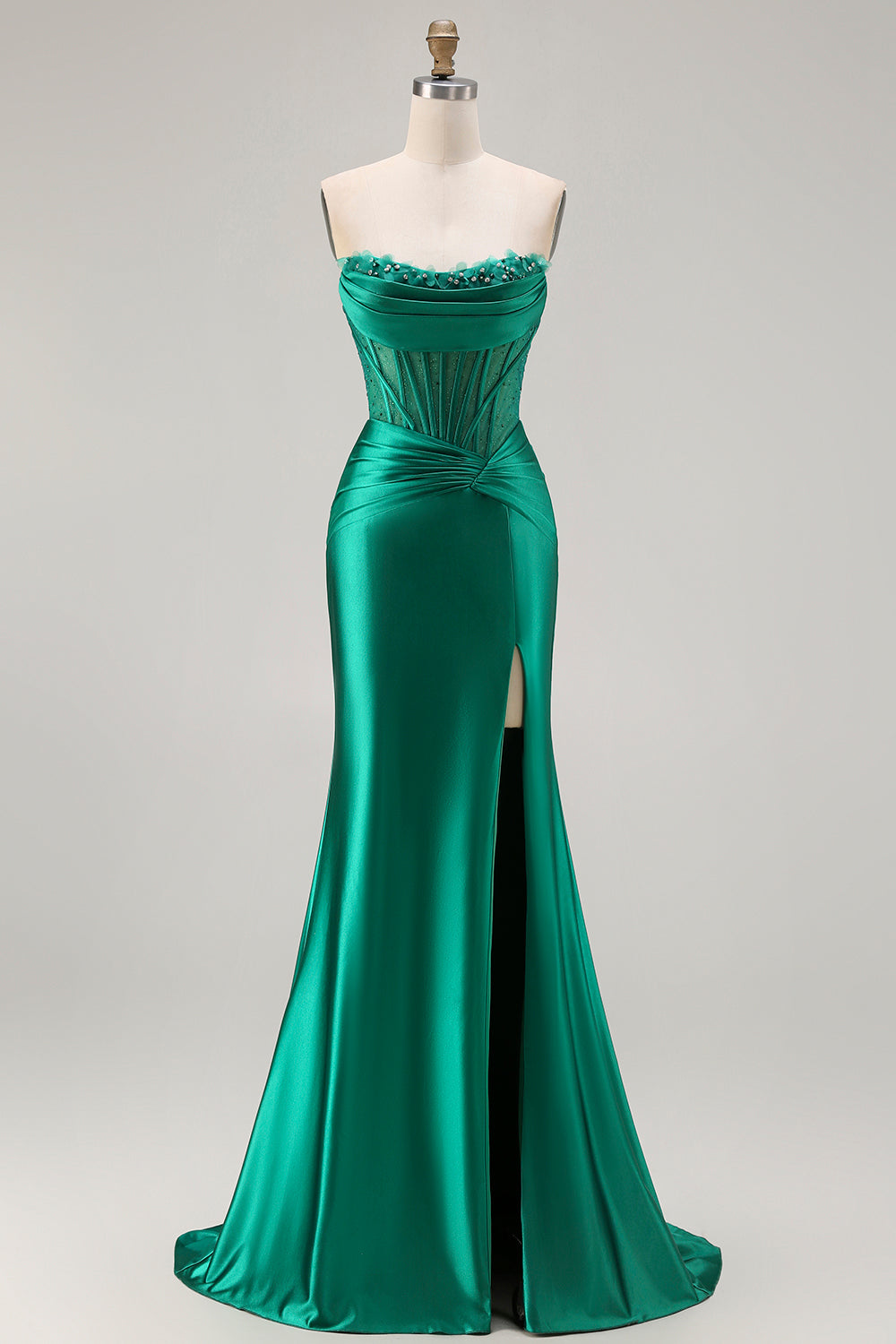 Dark Green Strapless Corset Mermaid Satin Prom Dress
