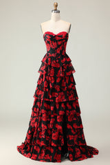 Tiered Black Red Floral Strapless Corset Prom Dress
