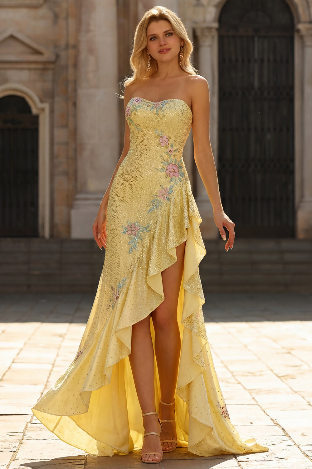 Sparkly Yellow Strapless Mermaid Beaded Prom Dress