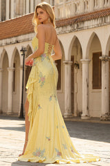 Sparkly Yellow Strapless Mermaid Prom Dress with Ruffles
