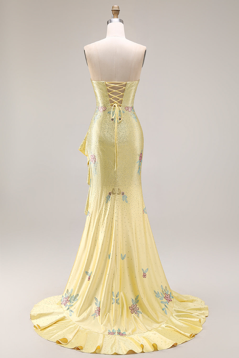 Sparkly Yellow Strapless Mermaid Beaded Prom Dress