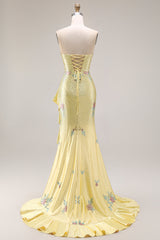Sparkly Yellow Strapless Mermaid Beaded Prom Dress