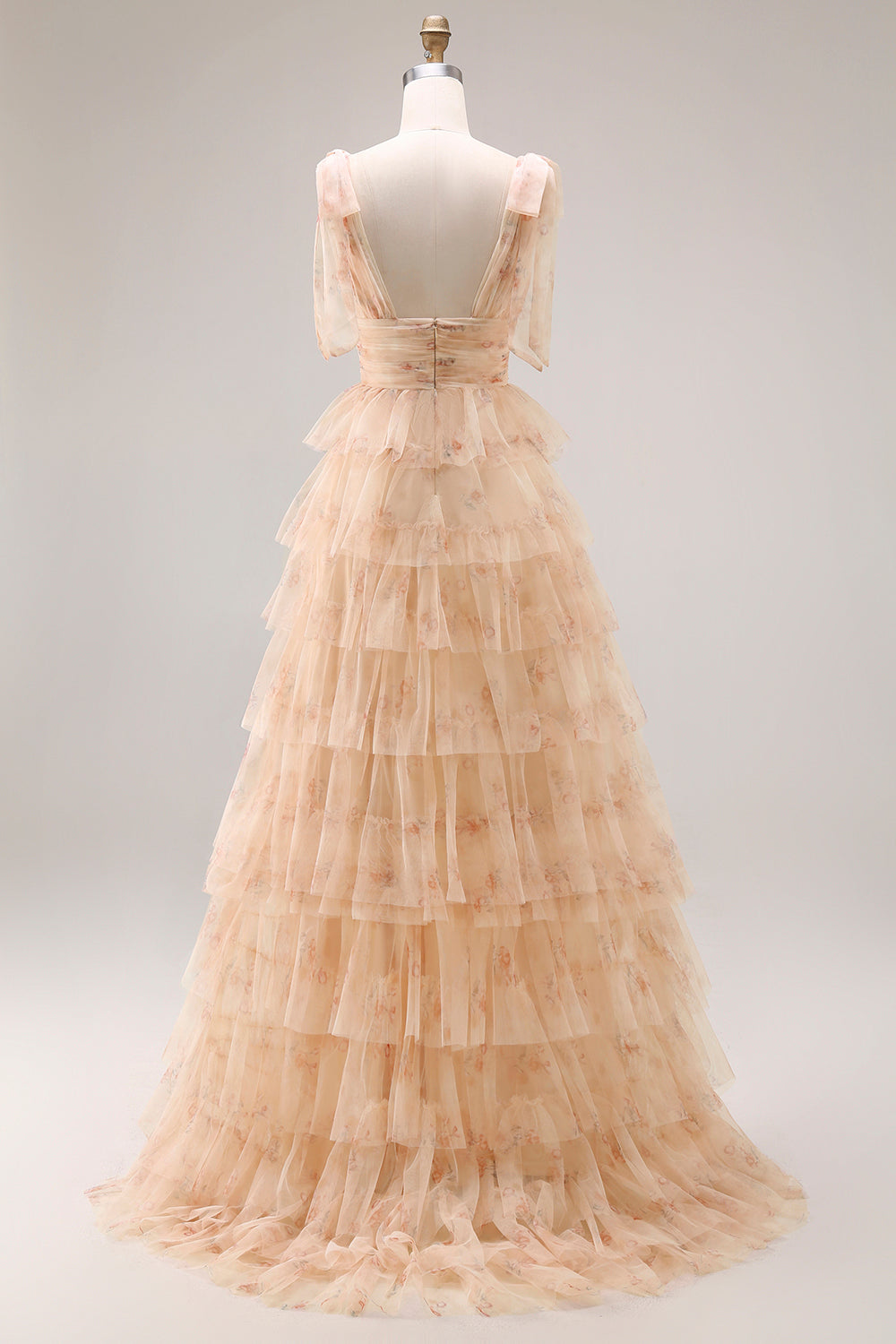 Green Floral Tiered V Neck Prom Dress with Bows