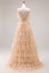 Floral Champagne Tiered V Neck Prom Dress with Bows