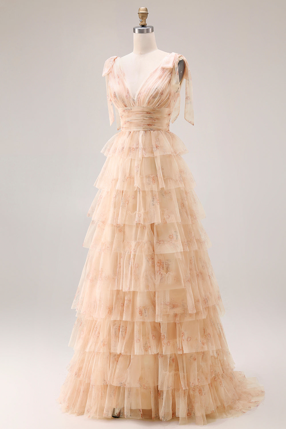 Green Floral Tiered V Neck Prom Dress with Bows