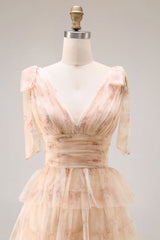 Floral Champagne Tiered V Neck Prom Dress with Bows