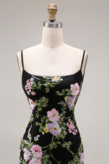 Black Pink Floral Tiered Sequin Prom Dress