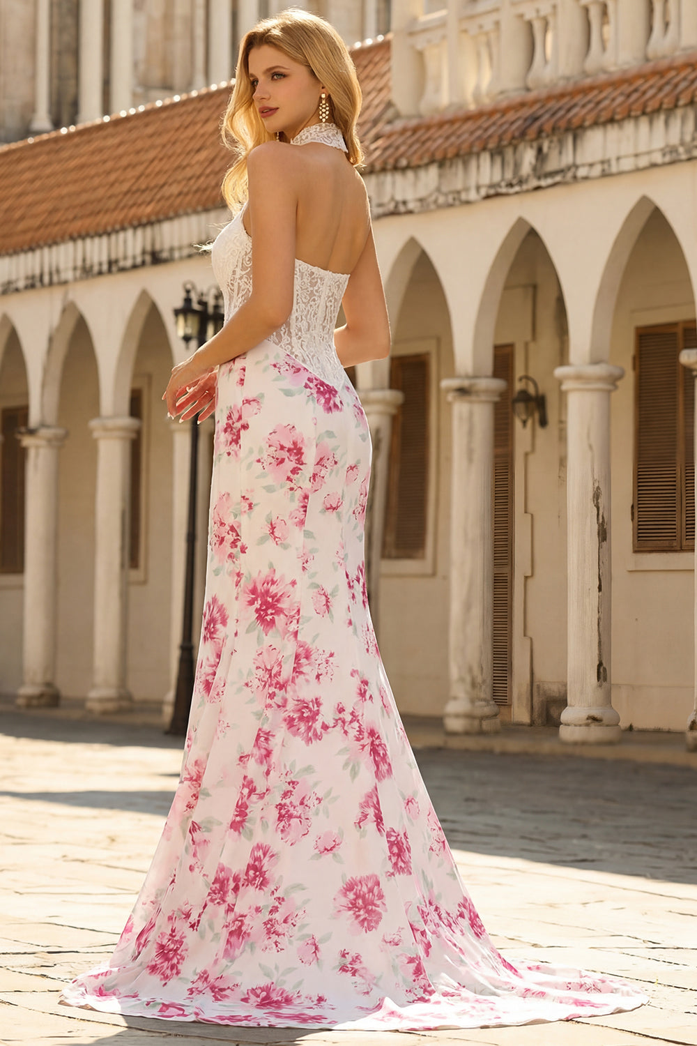 Strapless Mermaid Basque Waist White Floral Lace Prom Dress