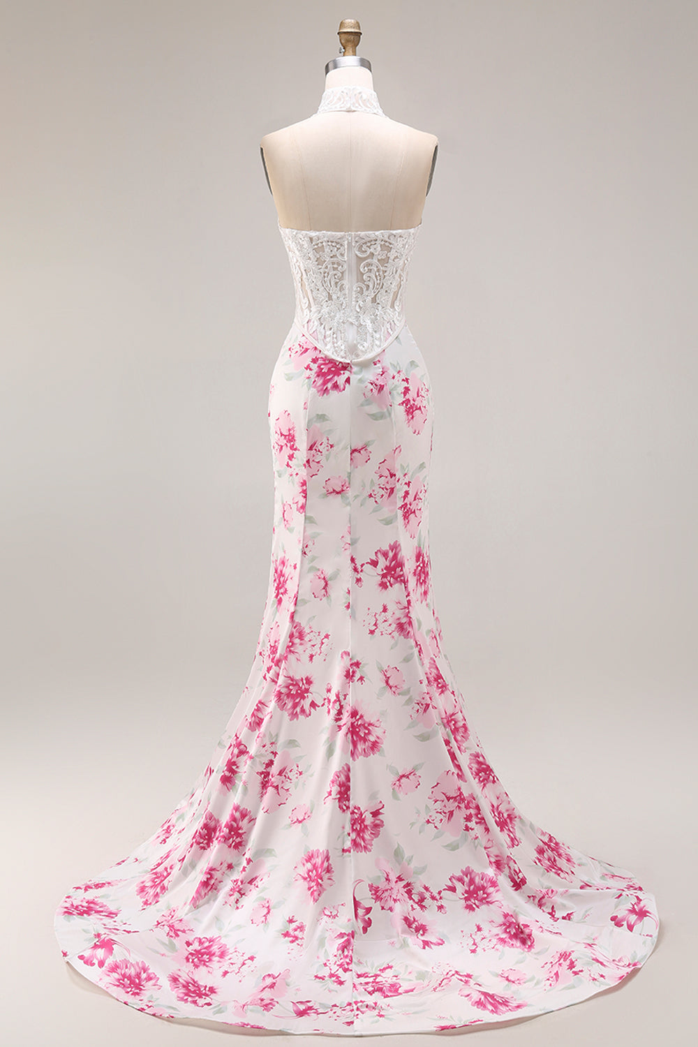 Strapless Mermaid Basque Waist White Fuchsia Floral Prom Dress